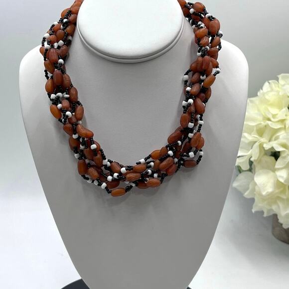 Vintage Orange Black White Beads Twisted Multi-strand Bumpy Beaded Necklace - Picture 4 of 7